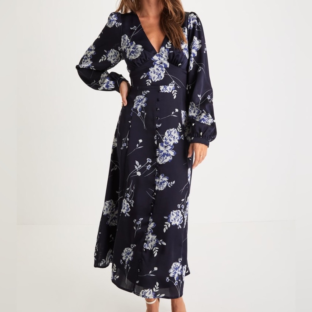 Lulus Beautiful Details Navy Blue Floral Long Sleeve Midi Dress NWT